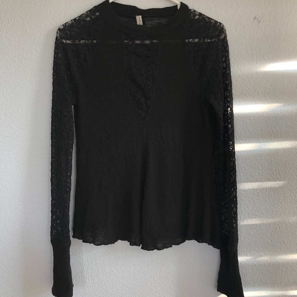 Black sheer lace free people long sleeve top